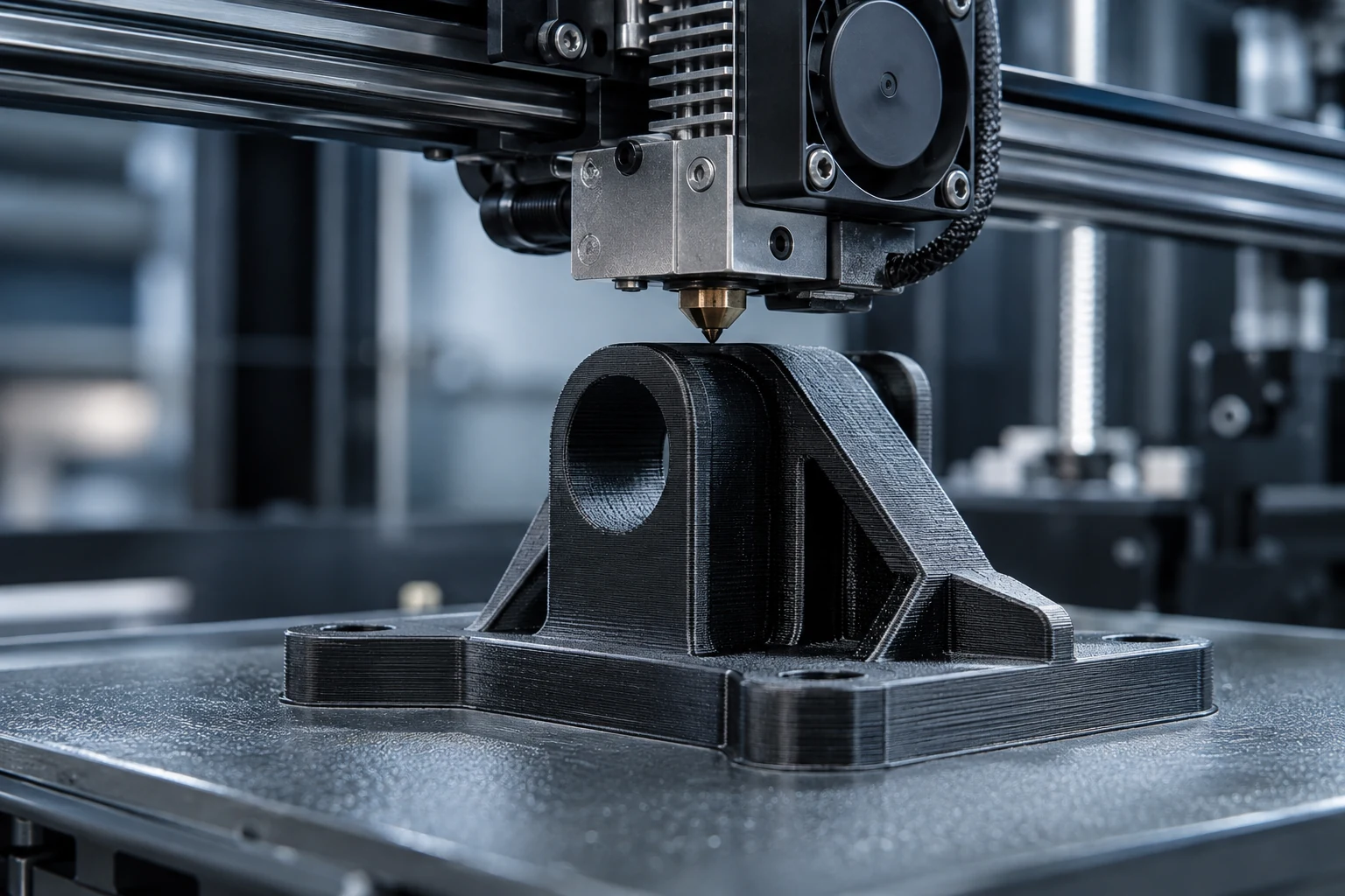 A 3D printer producing an engineering bracket